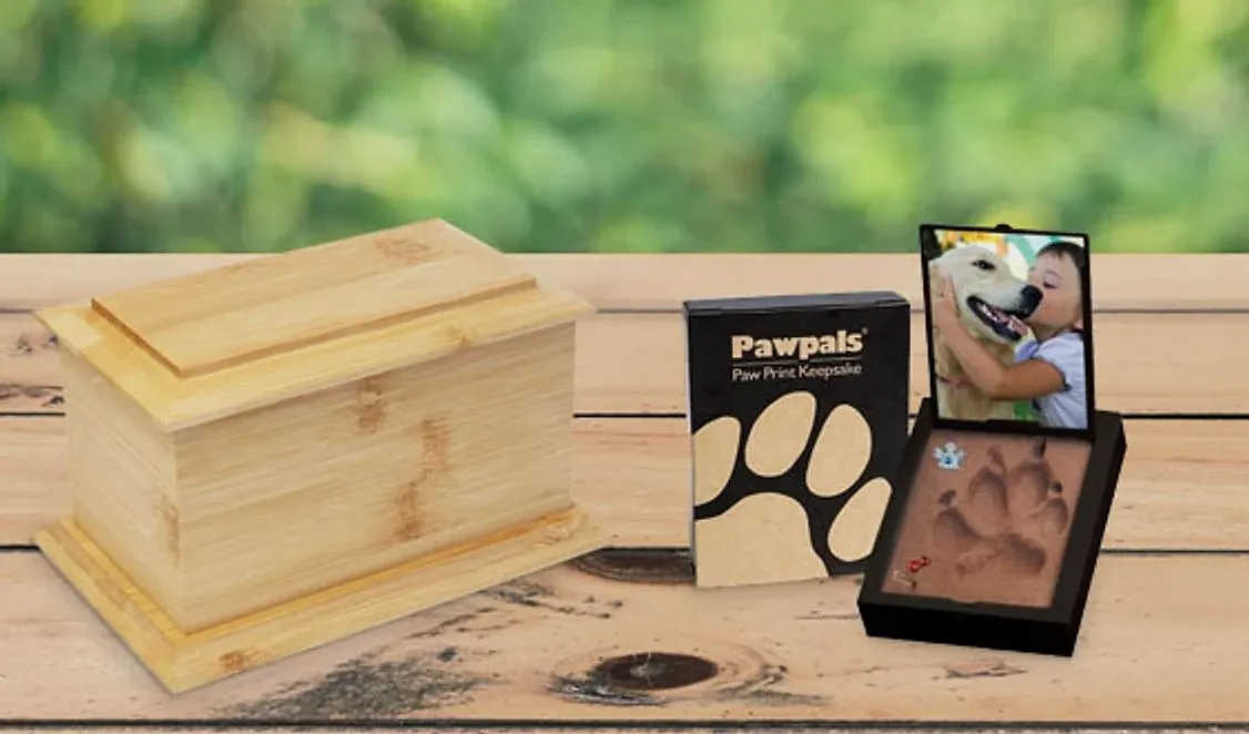 Wooden tribute casket and Pawpals 3D paw print keepsake box with photo