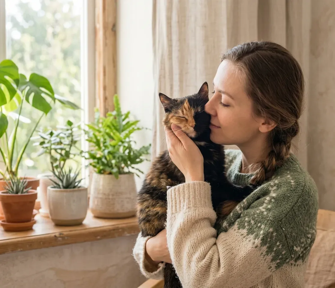 Compassionate woman with a cat