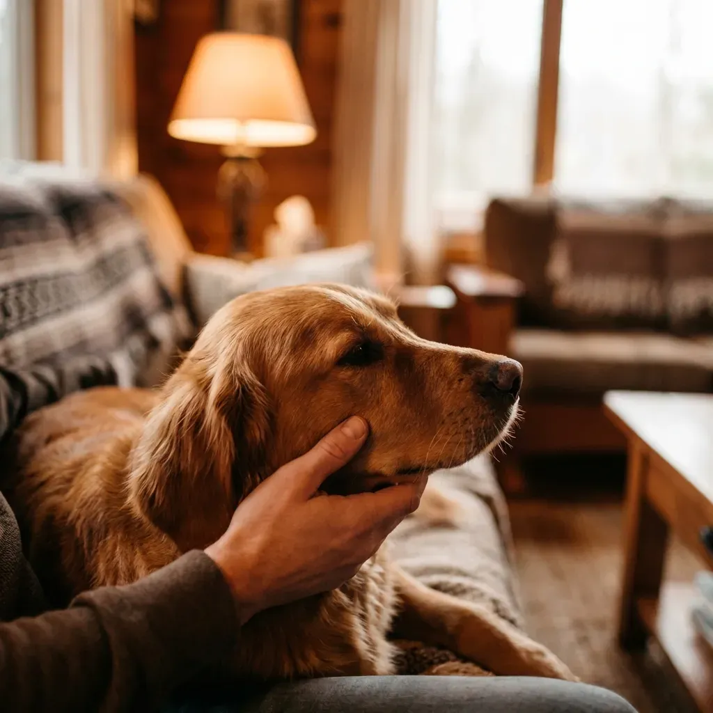A dog being comforted by a caring hand at home