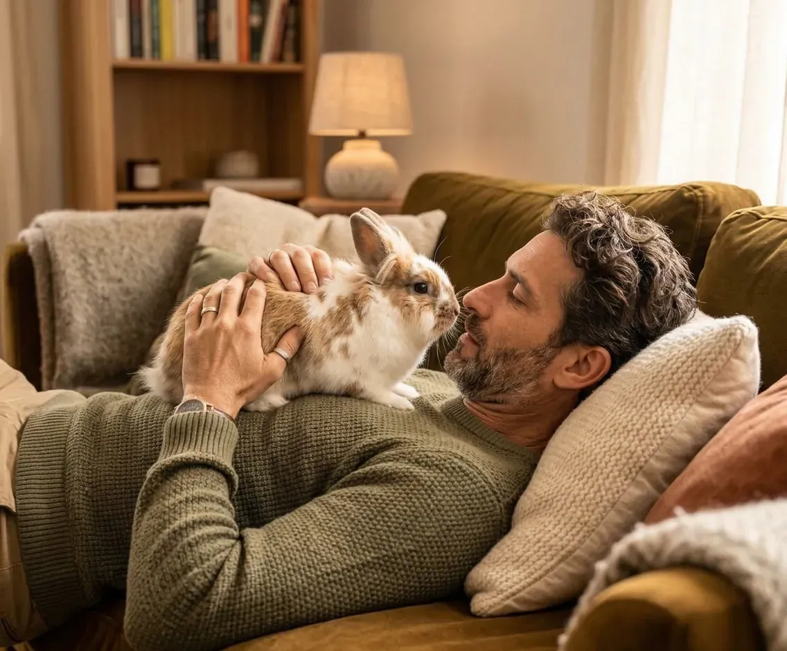 Man with his pet rabbit