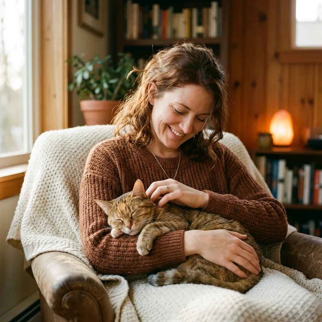A peaceful woman tenderly stroking her sleeping cat in a warm, comforting home