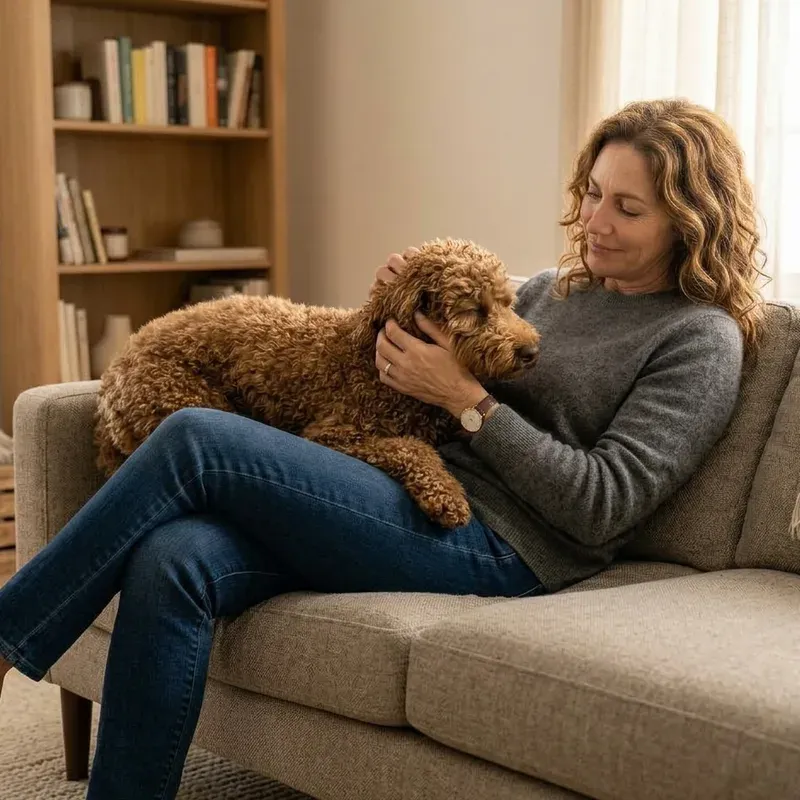 A woman gently holding a poodle